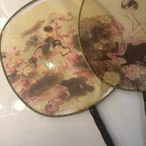 Vintage Chinese Hand Painted Silk Paddle Hand Fan with Bamboo Handle set of 3